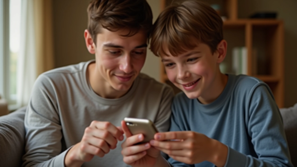 Dospělý člověk a teenager si prohlížejí bankovní aplikaci na chytrém telefonu, společně v útulné domácnosti, přirozené osvětlení