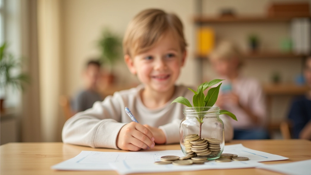 Barevné obálky s penízi a pokladnička, vizuální metoda spořování pro děti