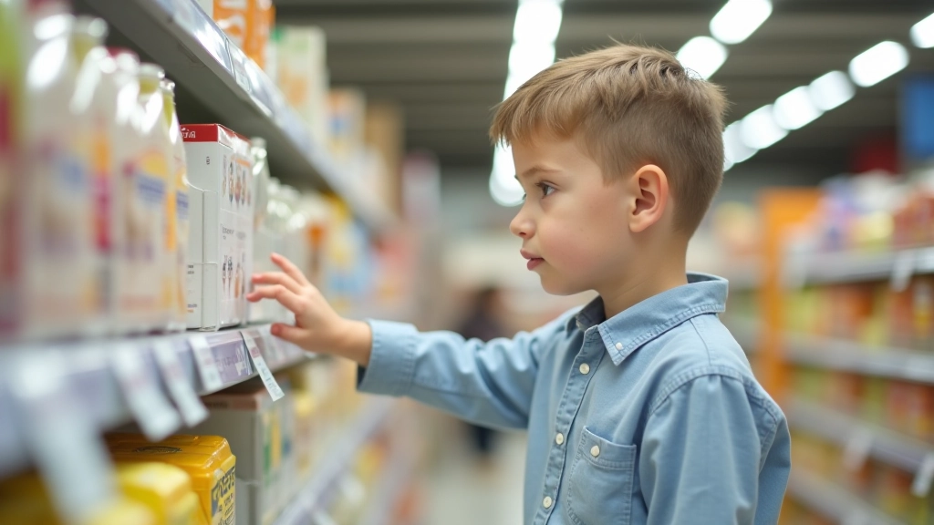 Dítě si prohlíží produkty na policích v supermarketu