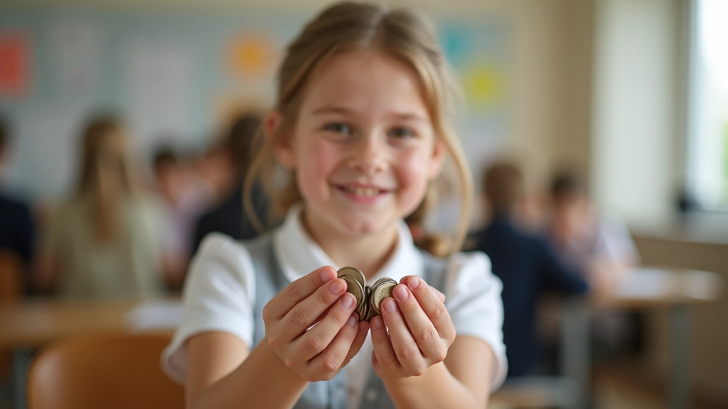 Malé dítě v základní škole drží mince v rukou, učí se o penězích