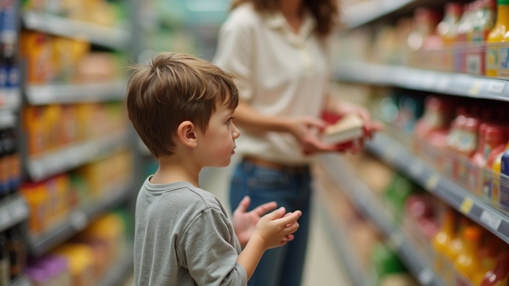 Rodič a dítě v obchodě diskutují o nákupech a rozhodování