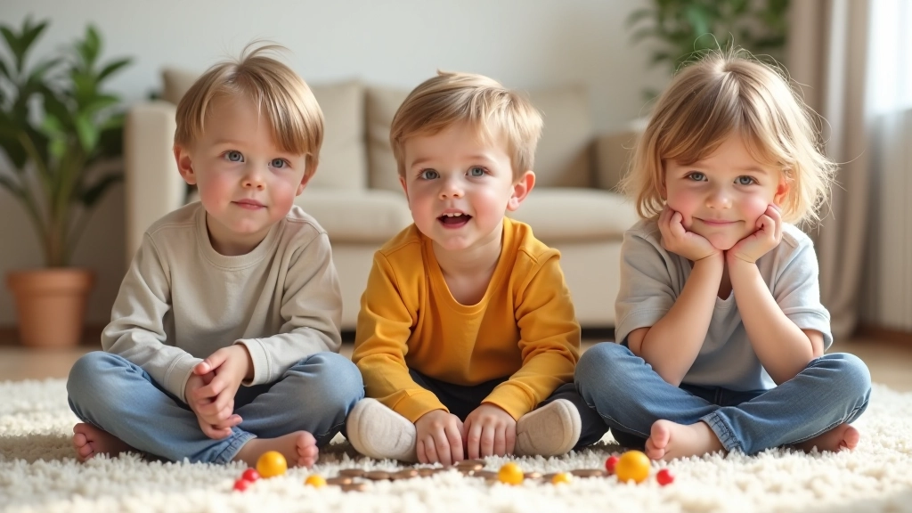Tři děti různých věků si hrají s hračkami a penězi na koberci