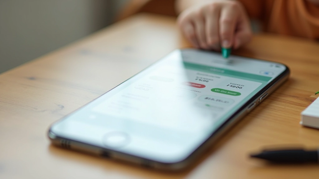 Smartphone s otevřenou bankovní aplikací, zobrazující přehled účtu a poslední transakce, stůl s poznámkami a perem