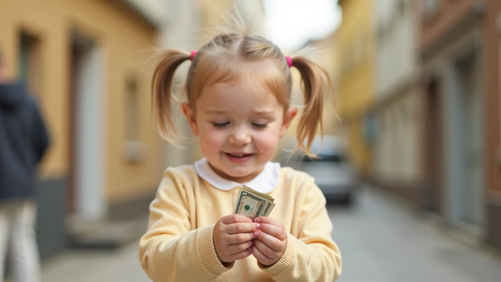 Dítě skládá peníze do barevné pokladničky na bílém stole