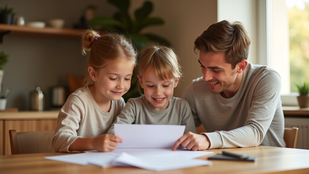 Rodina při diskuzi o nákupním seznamu u kuchyňského stolu