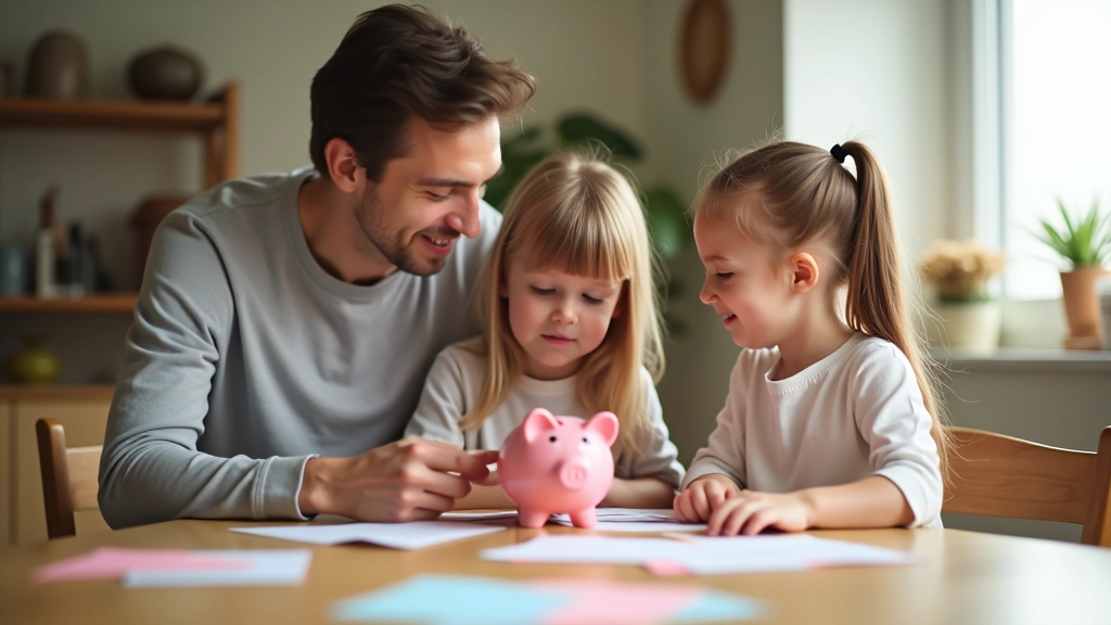 Rodina diskutuje o kapesném a úsporách pomocí pokladničky