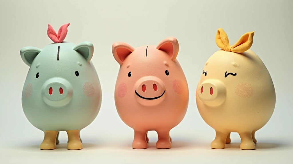 Různobarevné pokladničky vedle sebe, jedna zlatá, jedna růžová, jedna modrá