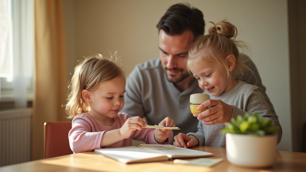 Rodič a dítě sedí u stolu s penízi a papírem, spolu plánují spořící cíle