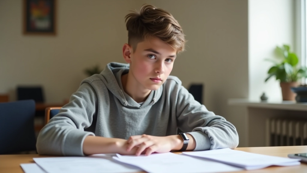 Starší teenager u psacího stolu s notebookem a finančními dokumenty, soustředěný výraz, moderní studentský pokoj